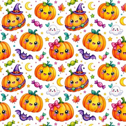Watercolor Seamless Pattern Cute Halloween Pumpkins, Ghosts & Bats