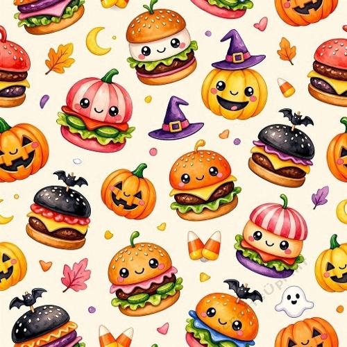 8K Watercolor Seamless Pattern  Cute Halloween Pumpkins & Spooky Burgers