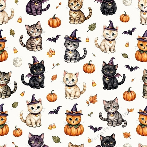 8K Watercolor Seamless Pattern Cute Halloween Cats, Pumpkins & Moons 