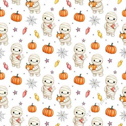 8K Watercolor Seamless Pattern  Cute Halloween Mummies, Pumpkins & Candies 