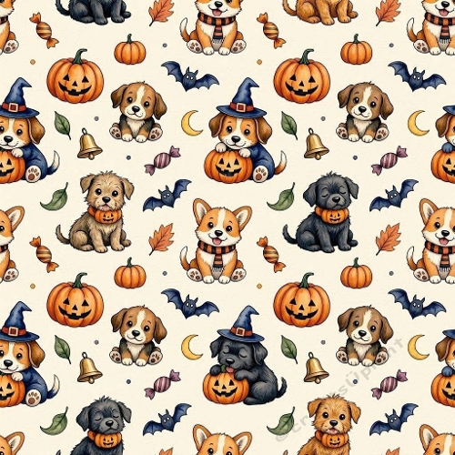 8K Watercolor Seamless Pattern  Cute Halloween Puppies, Pumpkins & Witch Hats 