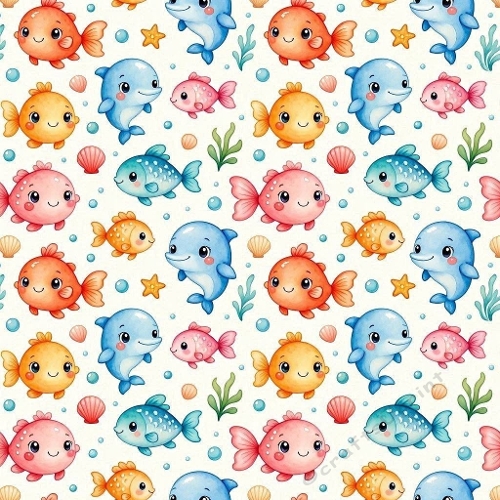 8K Watercolor Seamless Pattern Cute Dolphins, Colorful Fish & Seashells