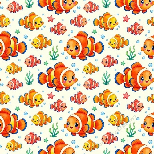 8K Watercolor Seamless Pattern  Cute Clownfish, Colorful Sea Creatures & Bubbles