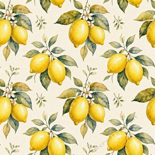 1024×1024 Watercolor Lemons Seamless Pattern – Botanical Citrus Design on Beige Background