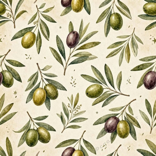 1024×1024 Watercolor Olive Branches Seamless Pattern – Botanical Rustic Design on Beige Background