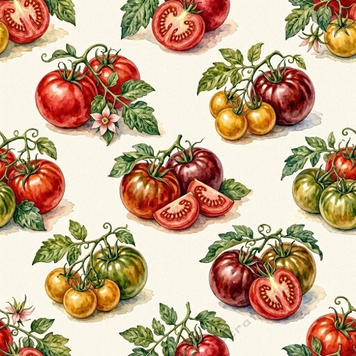 1024×1024 Watercolor Tomatoes Seamless Pattern – Colorful Botanical Vegetable Design