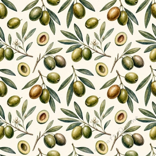 1024×1024 Watercolor Olive Branches Seamless Pattern – Botanical Mediterranean Design on Cream Background