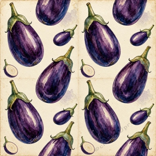 1024×1024 Watercolor Eggplants Seamless Pattern – Purple Vegetable Botanical Design on Beige Background
