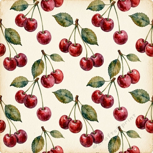 1024×1024 Watercolor Cherries Seamless Pattern – Glossy Red Fruit Botanical Design on Beige Background