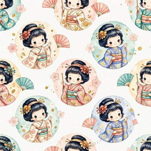 1024×1024 Kawaii Japanese Girls Seamless Pattern – Pastel Kimono Characters & Floral Motifs