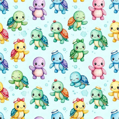 8K Watercolor Seamless Pattern  Cute Cartoon Turtles & Bubbles