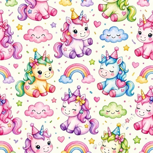 8K Watercolor Seamless Pattern  Cute Unicorns, Rainbows & Smiling Clouds 