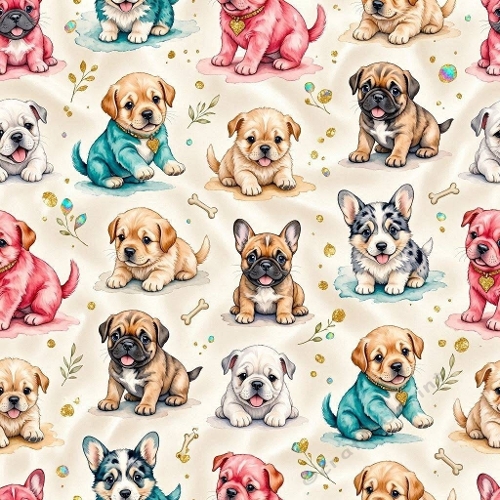 8K Watercolor Seamless Pattern Cute Cartoon Puppies & Tiny Decorative Elements