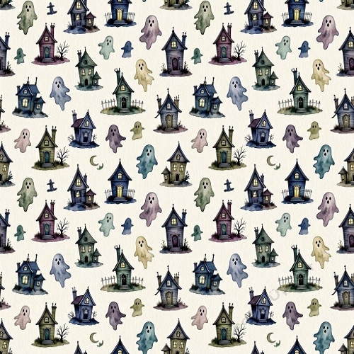 8K Watercolor Seamless Pattern  Haunted Houses & Colorful Ghosts 