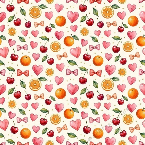 8K Watercolor Seamless Pattern  Cherries, Oranges & Pink Hearts 