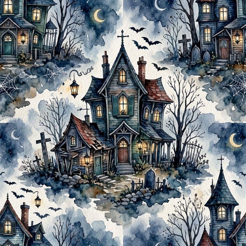 8K Watercolor Seamless Pattern Gothic Haunted Houses, Crescent Moons & Flying Bats