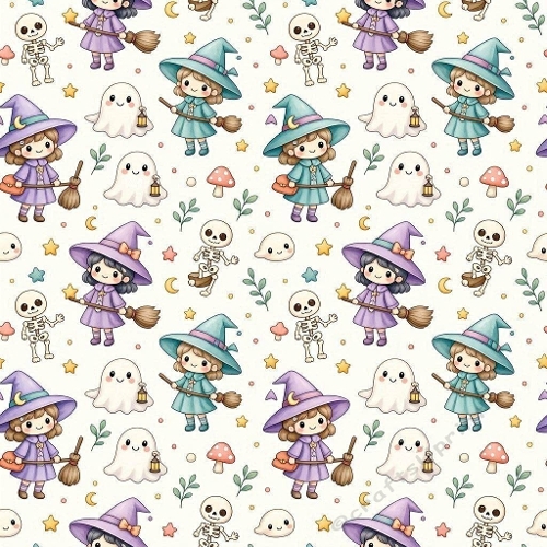 8K Watercolor Seamless Pattern  Kawaii Witches, Ghosts & Skeletons 