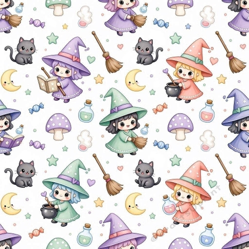 8K Watercolor Seamless Pattern Funny Kawaii Witches & Magical Pastel Elements 