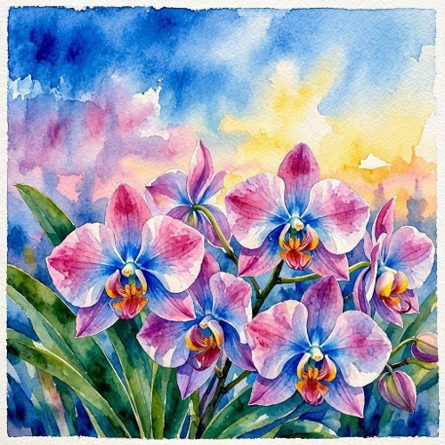 Watercolor Orchids Painting  1024x1024 JPEG  Pastel Floral Aquarelle Artwork