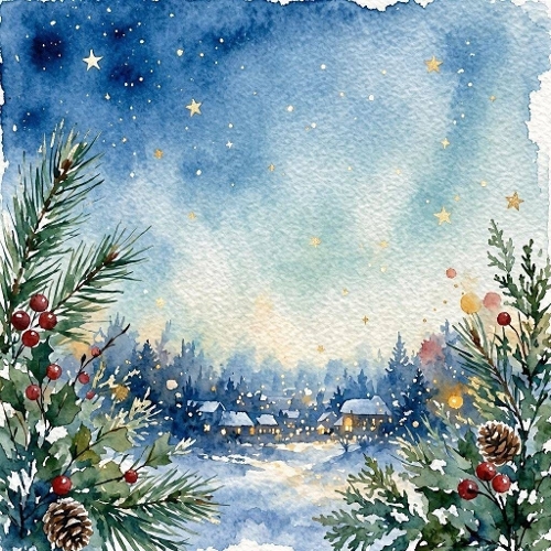 Watercolor Winter Night Scene  1024x1024 JPEG  Snowy Village & Evergreen Aquarelle Art
