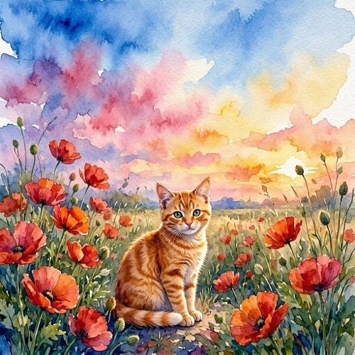 Watercolor Orange Cat in Poppy Field 1024x1024 JPEG Sunset Aquarelle Landscape