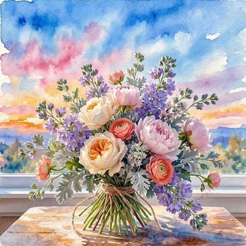 Watercolor Flower Bouquet 1024x1024 JPEG Rustic Floral Aquarelle Artwork