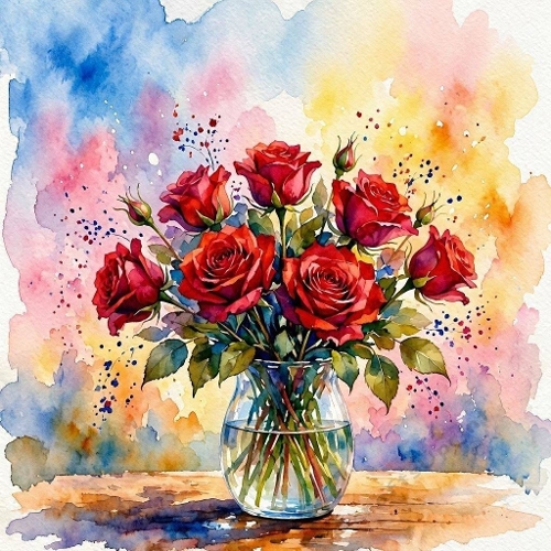 Watercolor Red Rose Bouquet 1024x1024 JPEG  Glass Vase Floral Aquarelle Art