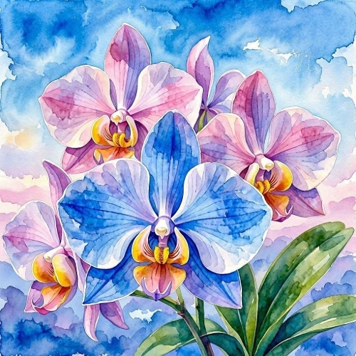 Watercolor Orchid Bouquet 1024x1024 JPEG  Blue & Pink Aquarelle Floral Art