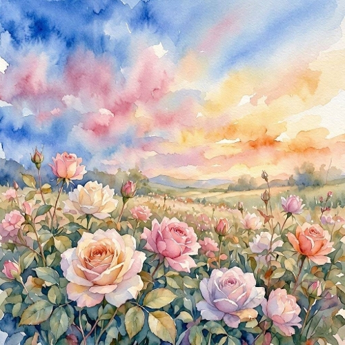 Watercolor Rose Field 1024x1024 JPEG  Sunrise Floral Aquarelle Landscape