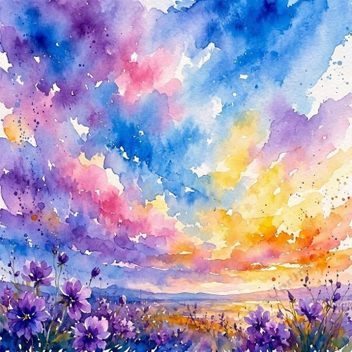 Watercolor Purple Flower Field 1024x1024 JPEG Sunset Aquarelle Landscape
