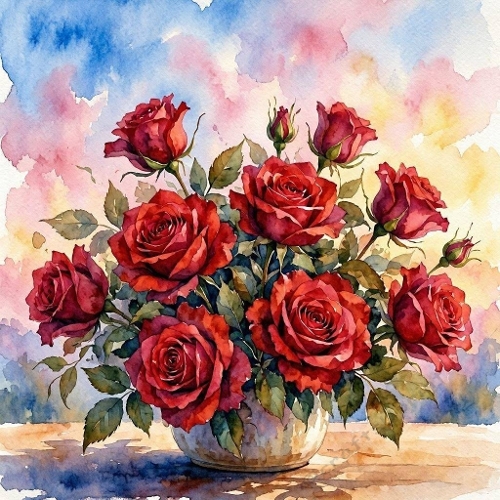 Watercolor Red Rose Bouquet  1024x1024 JPEG Ceramic Vase Floral Aquarelle Art