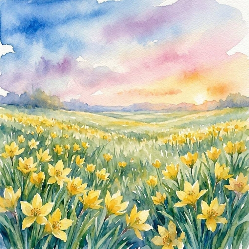 Watercolor Yellow Flower Field  1024x1024 JPEG  Sunset Aquarelle Landscape