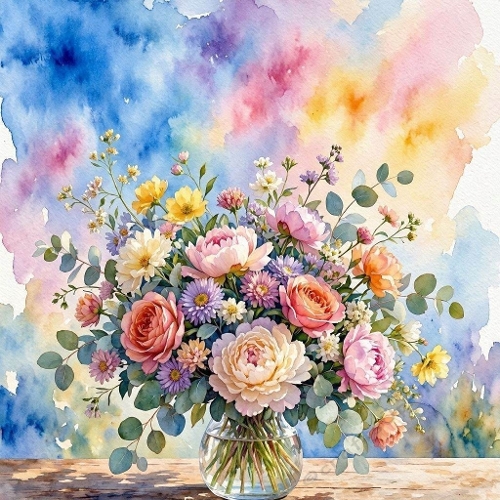 Watercolor Flower Bouquet in Glass Vase 1024x1024 JPEG  Pastel Aquarelle Floral Art