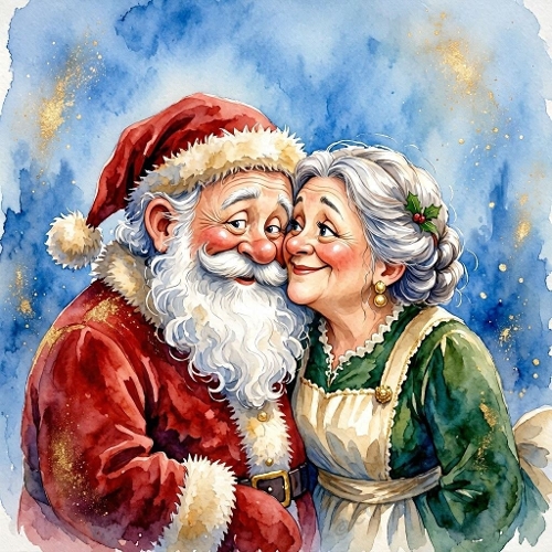 1024×1024 Watercolor Santa & Mrs. Claus Illustration – Festive Christmas Couple with Green Dress & Red Suit