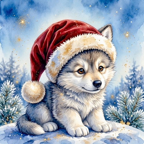 1024×1024 Watercolor Christmas Puppy – Cute Husky/Wolf Pup with Santa Hat in Snowy Forest