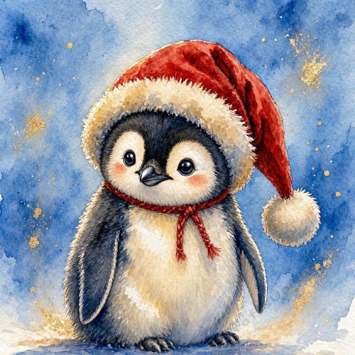 1024×1024 Watercolor Christmas Baby Penguin – Cute Winter Penguin with Santa Hat & Blue Festive Background