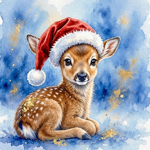 1024×1024 Watercolor Christmas Fawn – Cute Baby Deer with Santa Hat & Blue‑Gold Winter Background