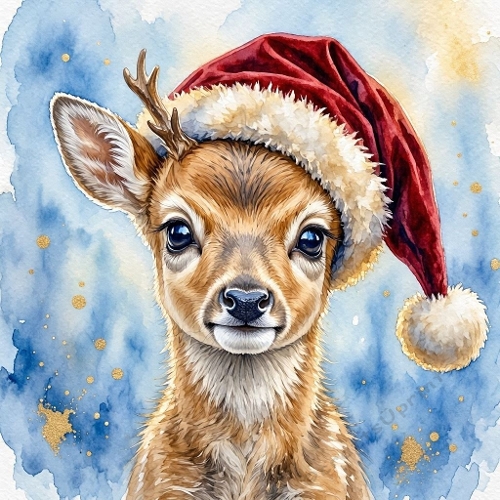1024×1024 Watercolor Christmas Young Deer – Cute Baby Deer with Santa Hat & Blue‑Gold Winter Background