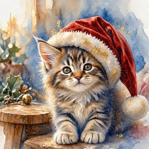 1024×1024 Watercolor Christmas Kitten – Cute Santa Hat Cat with Holly & Warm Festive Background
