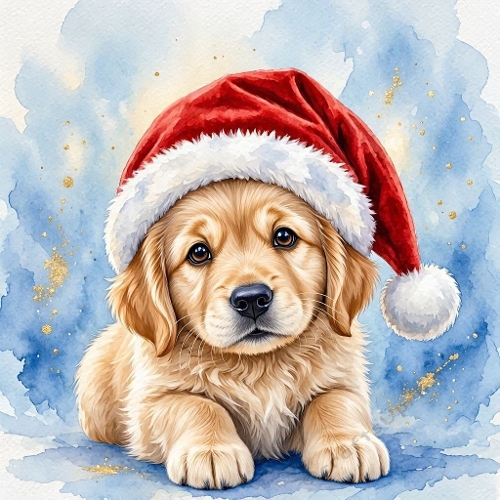 1024×1024 Watercolor Christmas Golden Retriever Puppy – Cute Santa Hat Dog on Blue‑Gold Winter Background