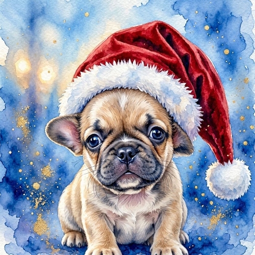 1024×1024 Watercolor Christmas French Bulldog Puppy – Cute Santa Hat Dog on Blue‑Gold Winter Background