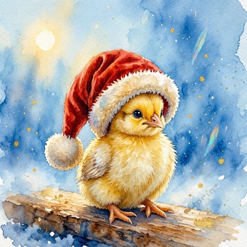 1024×1024 Watercolor Christmas Chick – Cute Santa Hat Bird on Branch with Blue‑Gold Festive Background