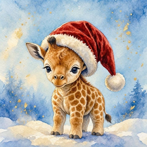 1024×1024 Watercolor Christmas Baby Giraffe – Cute Santa Hat Giraffe on Snowy Blue‑Gold Winter Background