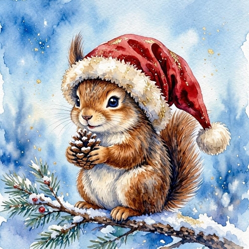 1024×1024 Watercolor Christmas Squirrel – Santa Hat Woodland Animal with Pine Cone on Snowy Branch