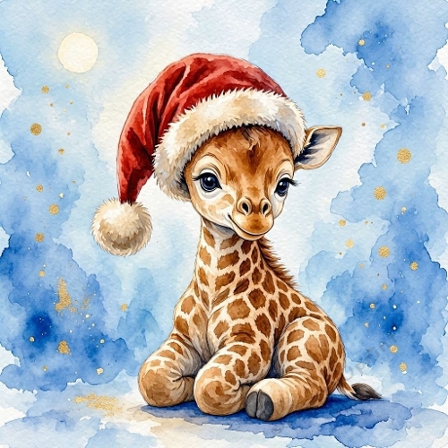 1024×1024 Watercolor Christmas Baby Giraffe – Cute Sitting Giraffe in Santa Hat on Blue‑Gold Winter Background