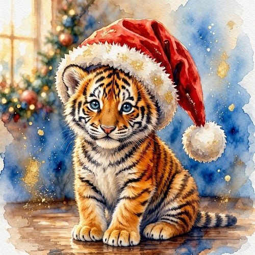 1024×1024 Watercolor Christmas Tiger Cub – Santa Hat Baby Tiger in Warm Festive Indoor Scene