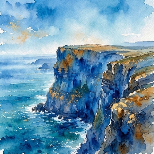 1024×1024 Watercolor Coastal Cliffs – Sunlit Blue‑Gold Ocean Landscape with Dramatic Rock Formations