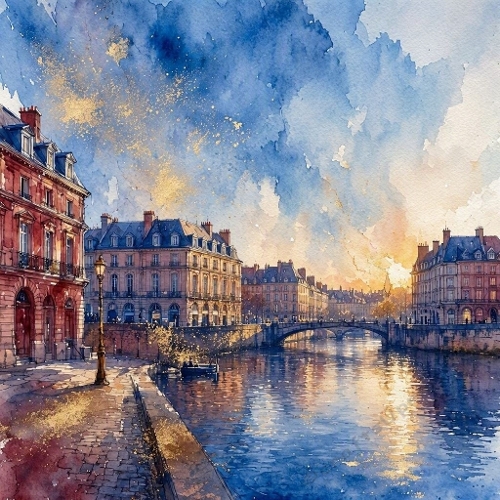 1024×1024 Watercolor European Canal Cityscape – Blue‑Gold Historic Riverside Buildings with Bridge & Lamppost