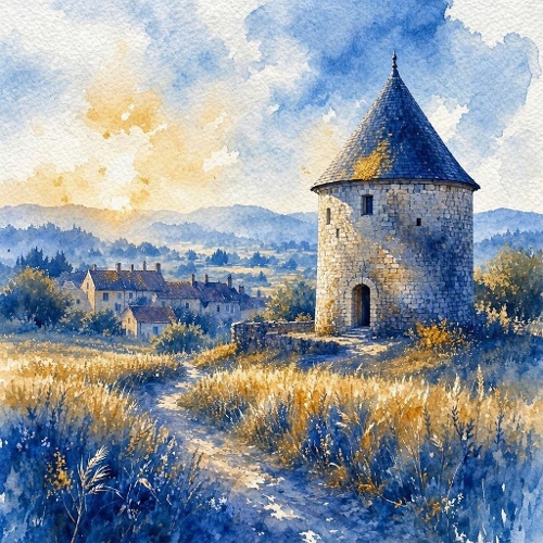 1024×1024 Watercolor Rural Tower Landscape – Blue‑Gold Countryside Scene with Stone Tower, Village & Rolling Hills