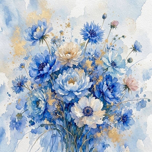 Elegant Blue and Pink Watercolor Floral Bouquet Illustration